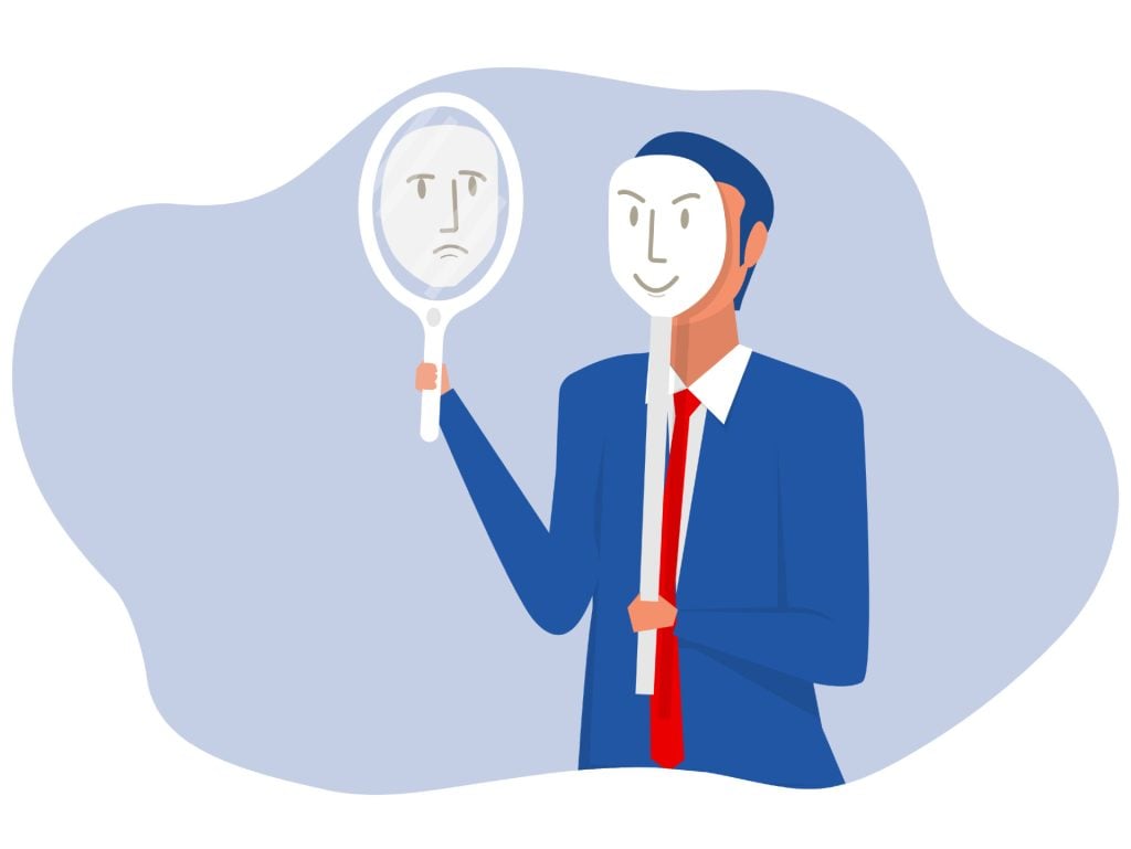 Businessman looking himself from the mirror face mask sad or depression often conceal their true feelings or keep them inside mental health concept flat vector illustration