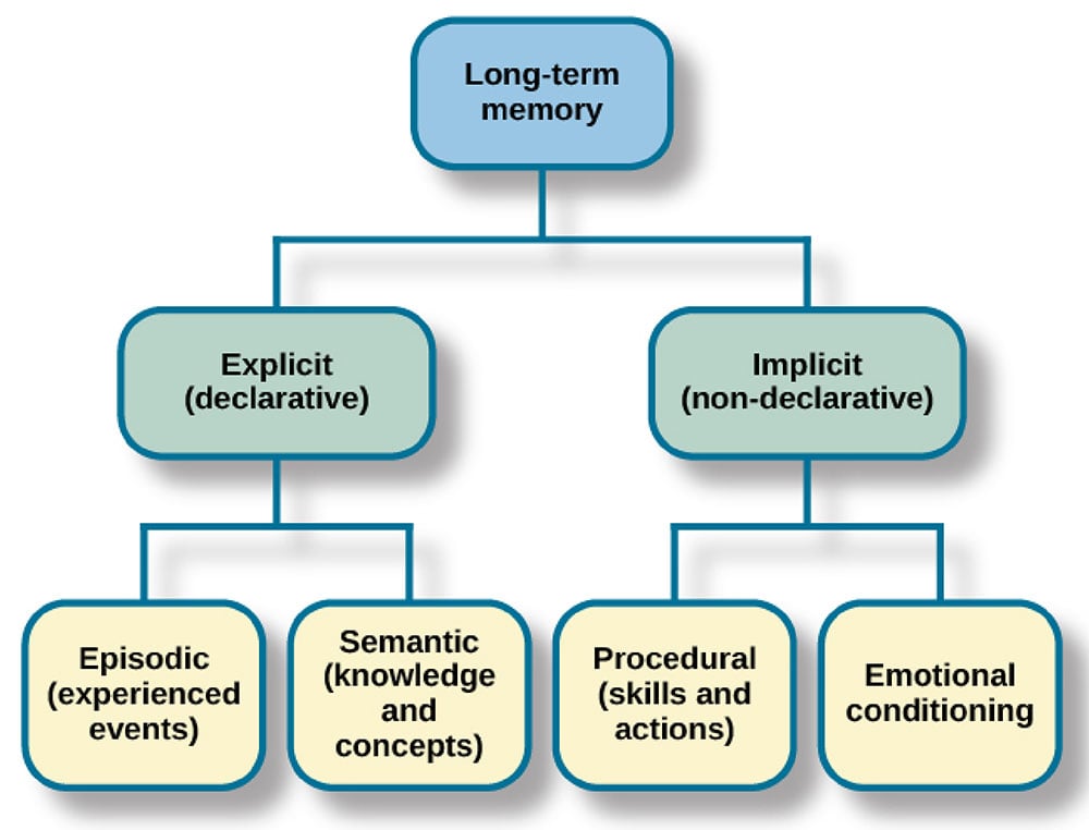 There are two components of long-term memory: explicit and implicit. Explicit memory includes episodic
 and semantic memory. Implicit memory includes procedural memory and things learned through conditioning.
 