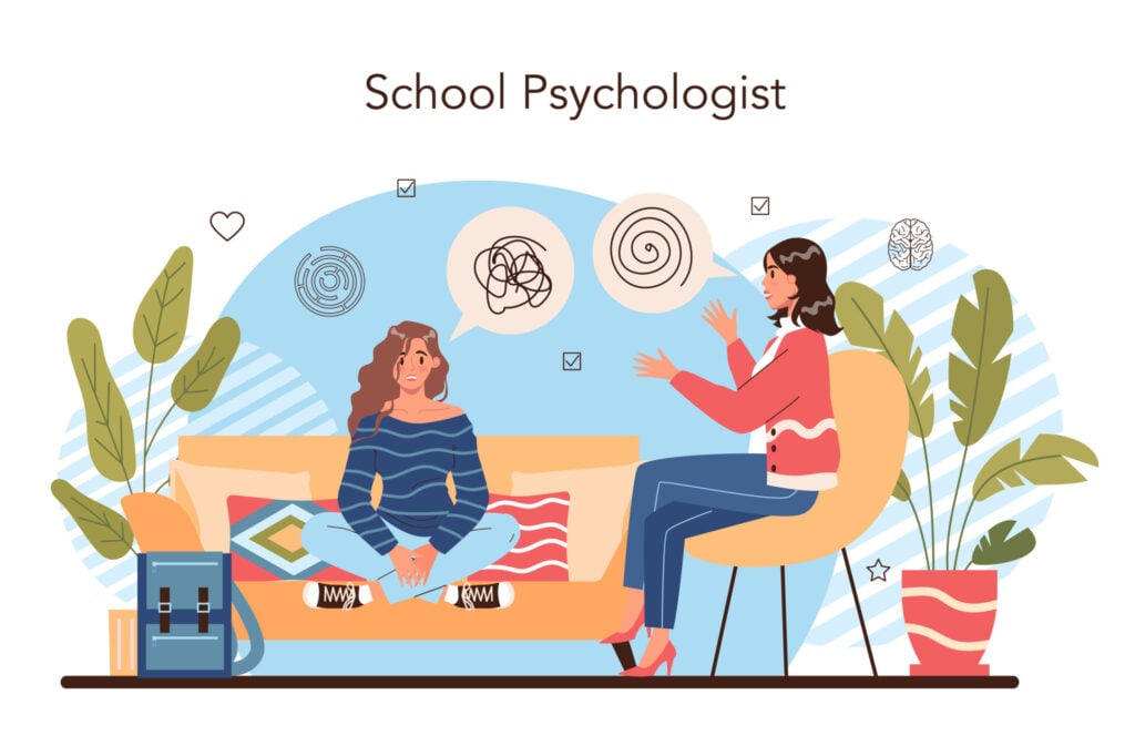 an illustration showing a school psychologist sat on a chair talking to a client who is sat on a sofa.