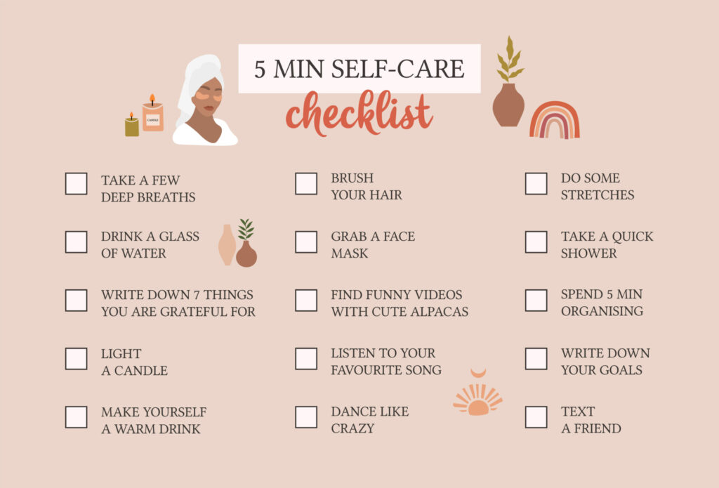 a checklist outlining some self-care ideas that can take less than 5 minutes