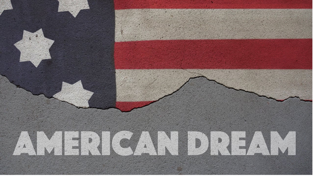An image of the flag of the USA with a portion torn off at the bottom where the words 'American Dream' are found